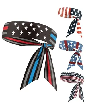 JHYWELL tie headband in US flag print tied on a runner's head, showing adjustable fit