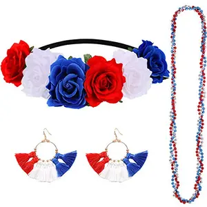 WILLBOND patriotic flower crown headband with necklace and tassel earrings for quinceanera