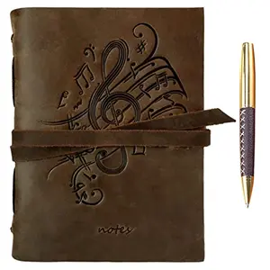 Handmade leather journal with music notes embossed design and pen