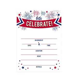 Canopy Street Patriotic Party Invitations with red, white, and blue fireworks design and white envelopes