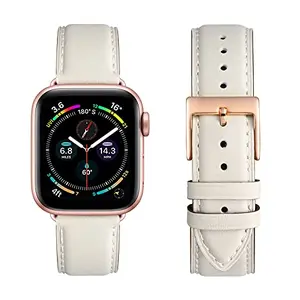 OMIU ivory white genuine leather Apple Watch band with rose gold connectors on a light background
