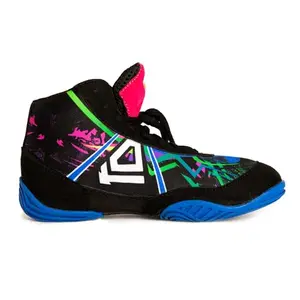 KO Sports Gear multicolored youth wrestling shoes with high-top design on a colorful mat
