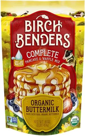 Birch Benders Buttermilk Pancake and Waffle Mix bag with stack of pancakes