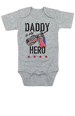 Baby bodysuit reading 'Daddy Is My Hero' with USMC branch logo, grey with Marine Corps design