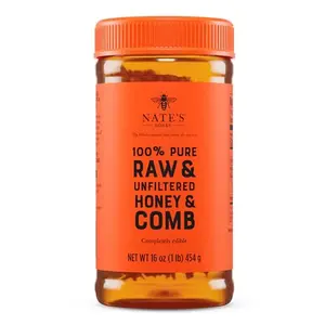Nate's 100% Pure Raw & Unfiltered Honey and Comb in a 16oz jar
