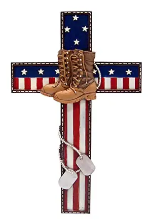 Wowser cast resin cross with American flag, military boots and dog tags