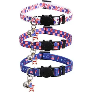 Three Lamphyface patriotic cat collars in red, white, and blue with pentastar pendants