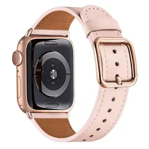 MNBVCXZ pink sand leather Apple Watch band with rose gold hardware on a marble surface