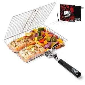 Stainless steel rectangular grill basket surrounded by skewers, brush, and carrying case