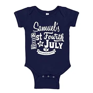 Personalized navy blue baby onesie with My First Fourth of July print