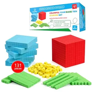 Colorful foam base ten blocks spread out on a table