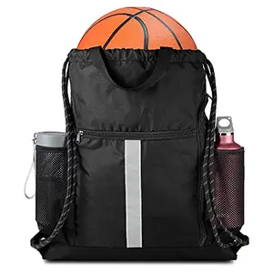 BeeGreen Drawstring Backpack in black with shoe compartment and water bottle holders, a versatile gym sack