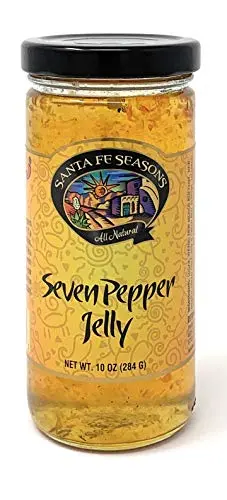 Santa Fe Seasons Seven Pepper Jelly jar on a colorful table