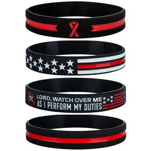Pack of 4 silicone Thin Red Line bracelets with Firefighter's Prayer and American flag design