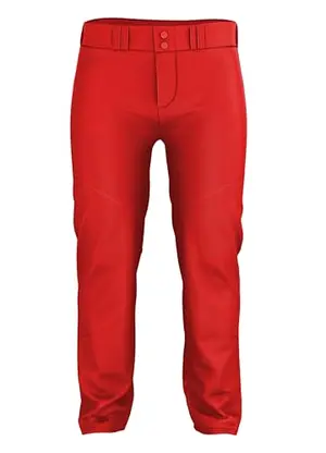 Red baseball pants with white soutache braid detail, loose fit, and mesh vent behind knee