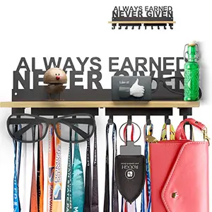 iBobbish black metal medal hanger with shelf and 10 hooks, Always Earned Never Given text