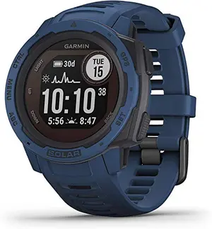 Garmin Instinct Solar watch in dark blue with solar-powered features and rugged design