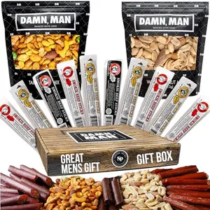 Beef jerky gift basket with nuts from Sugar Plum, containing smokie beef sticks and flavored nut mixes