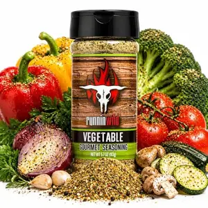 Runnin Wild Vegetable Seasoning bottle on a rustic table