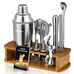 KITESSENSU 15-piece stainless steel cocktail shaker set with bamboo stand on counter