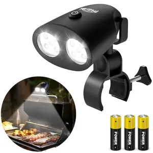 RVZHI grill light clamped onto a grill handle with two brightness settings illuminated