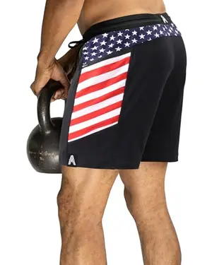 Anthem Athletics Hyperflex patriotic running shorts with YKK zipper pockets