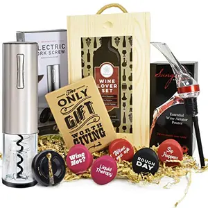 Premium wine gift set with electric opener and aerator in wooden box