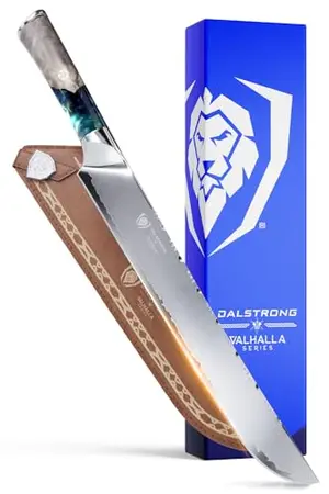 Dalstrong Valhalla 12-inch brisket slicing knife with celestial resin handle and leather sheath