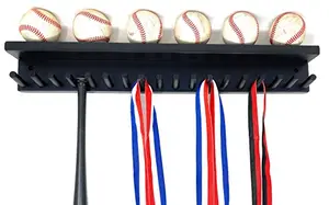 MWCSPORTS wooden baseball medal display rack with bat holder and medal hooks