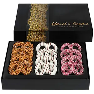 Hazel & Creme chocolate covered pretzel gift box with red or black packaging