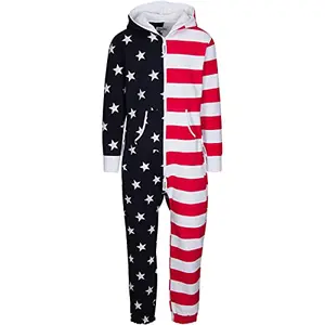 Adult wearing star-spangled American flag onesie by Woodies