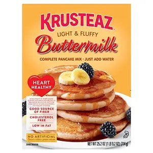 Krusteaz Heart Healthy Pancake Mix box with heart-shaped pancakes