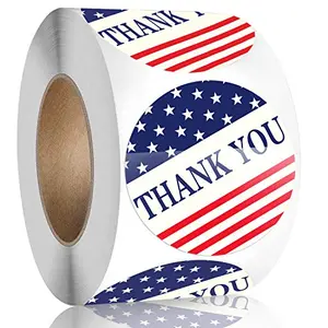 Roll of 500 YINHEXI American flag thank you stickers, 1.5 inch round, with shiny waterproof finish