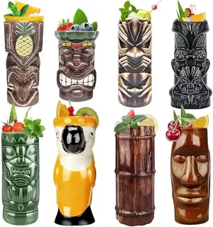 Retro-style set of 8 ceramic tiki mugs in various colors with 8 stainless steel straws, ideal for large rum cocktail parties.