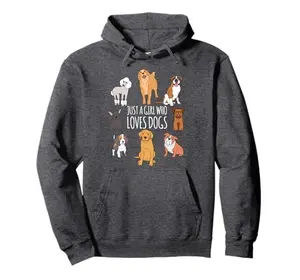 Woman wearing a cute 'Just A Girl Who Loves Dogs' hoodie with a colorful dog print, perfect for casual outings.
