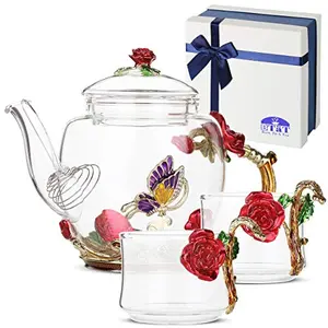 BTaT glass tea set with red butterflies and roses on a table