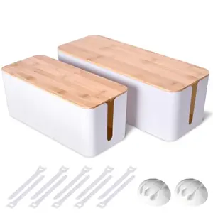 Naeety 2 pack cable management boxes in white with wooden lids, large and medium sizes