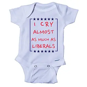 Infant onesie with 'I Cry Almost As Much As Liberals' in red and blue lettering with stars