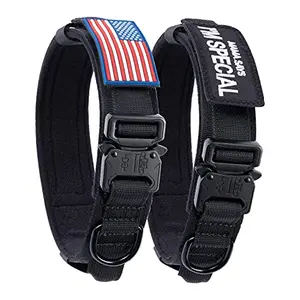 Black tactical dog collar with USA flag patch and metal buckle for large dogs