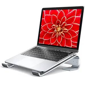 Soqool silver aluminum laptop stand with fixed angle, sleek modern design on a desk