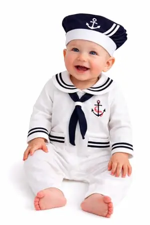 stylesilove white long sleeve sailor romper with hat and necktie on baby