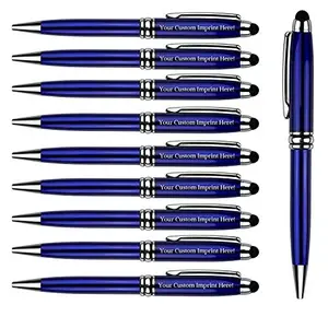 Dark blue retractable pens with stylus tip and personalized engraving