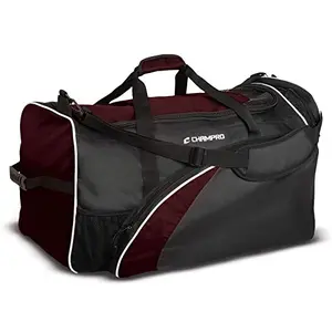 CHAMPRO Varsity Football Equipment Bag in maroon, showing spacious main compartment and vented cleat pocket