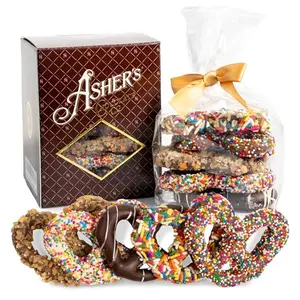 Small gift basket of Asher's milk and dark chocolate covered pretzels
