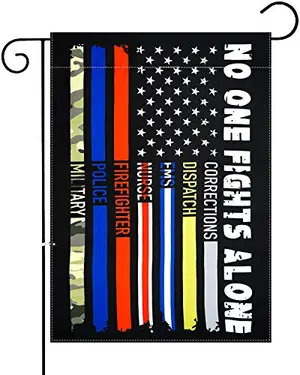 Vertical double-sided garden flag with thin lines and 'No One Fights Alone' message