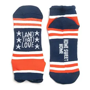 Red, white, and blue patriotic running socks with 'Land That I Love' and 'Home Sweet Home' motivational quotes