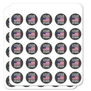 Clear round stickers with kneeling figure, cross, and American flag