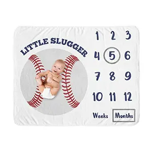 Red, white, and blue baseball milestone blanket with month frames