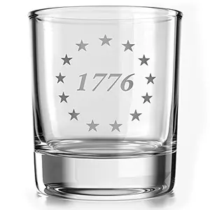Clear whiskey glass with American flag and Betsy Ross design