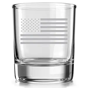Old Southern Brass American Flag Whiskey Glass with thick glass and etched stars and stripes design.